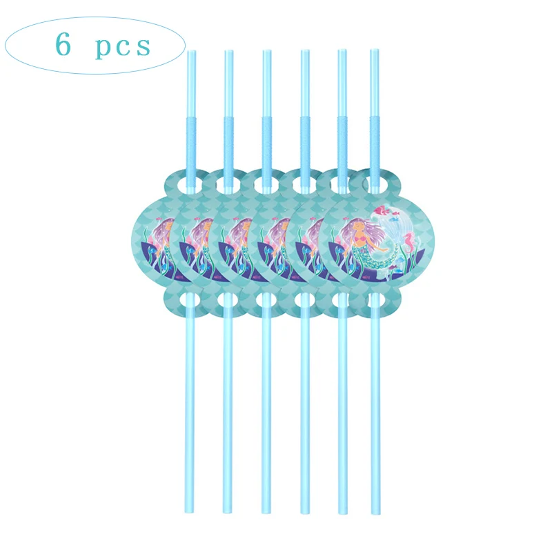 Русалочка, принадлежности для дня рождения, одноразовая посуда, салфетка под тарелку кружку, воздушные шары, Топпер для кекса, украшение для детского душа - Цвет: straw 6pcs