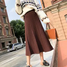 Осенне-зимняя женская плотная трикотажная юбка с эластичной резинкой на талии до середины икры, длинная Плиссированная Юбка для девушек, однотонная черная свободная тонкая юбка