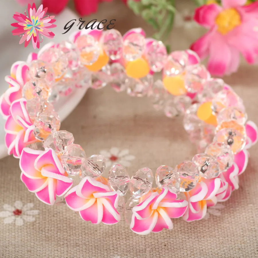 1pc/lot Handmade Beautiful Polymer Clay Fimo Frangipani Plumeria Flower Bracelet For Girls Women Holiday Jewelry Accessories