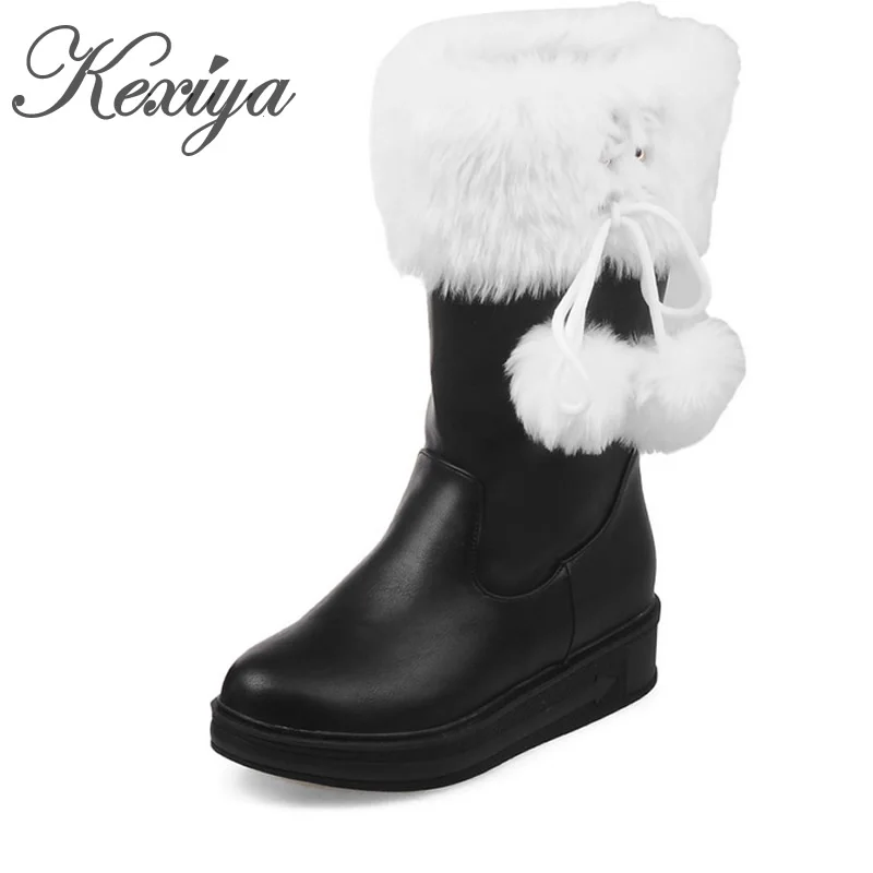

2016 Warm winter women snow boots fashion Round Toe low heel shoes Big size 30-52 solid PU ladies Slip-On Mid-Calf boots