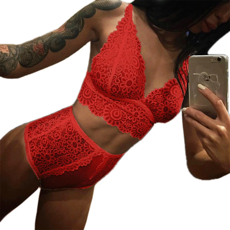 New Hot Lace Sexy Lingerie Sets Women Deep V-neck Push Up Lingerie Vintage Solid Color Bra Set For Women Underwear Set Lenceria - Цвет: red