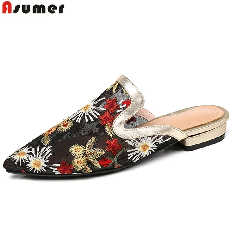 

ASUMER fashion summer new shoes woman big size pointed toe shallow casual mules shoes embroider leather inside sandals women