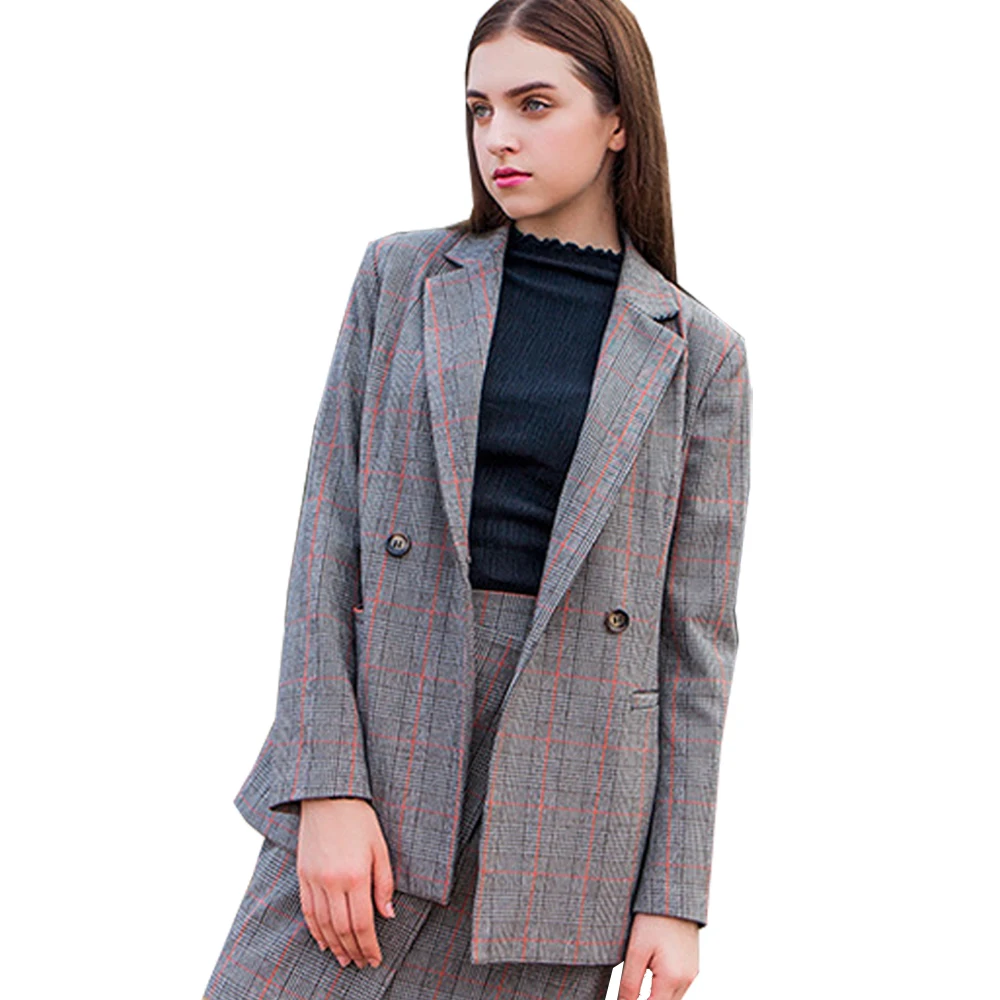 New Spring Autumn Women's Blazer Elegant Blazer Woman Gray Plaid Womens