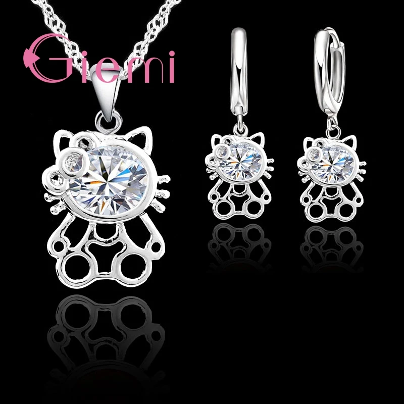 

GIEM Lovely Cat Shape Jewelry Set For Women Red/White Zirconia Stone Charm Pendant Necklace Hoop Earring Sterling 925 Silver