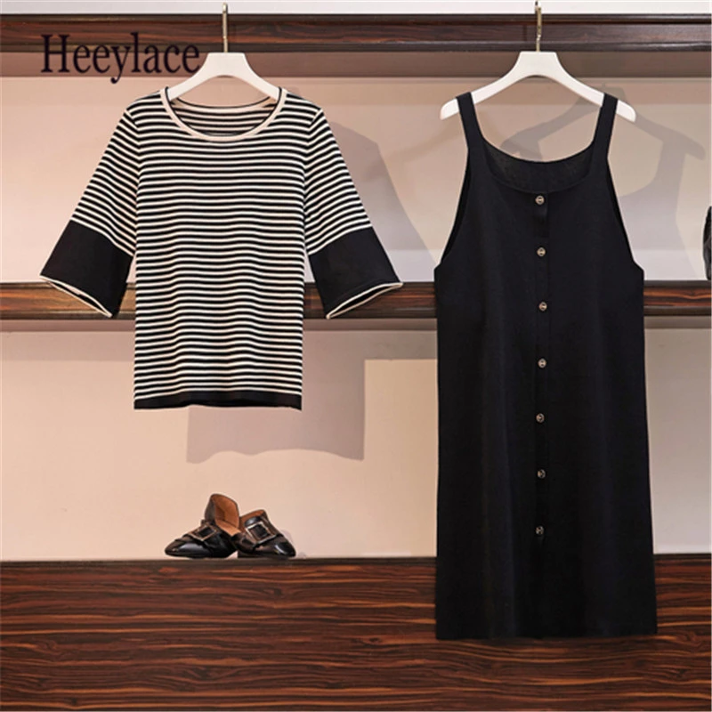 

Plus Size 2 Pieces Set Skirt For Women Summer Striped T-shirt + Fashion Overall Button Skirt Outfits Women Casual Lady Set 5xl
