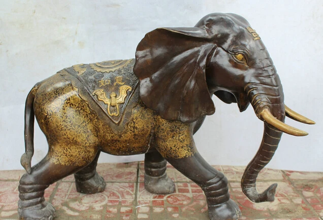

JP S62 31" Chinese Bronze Gild Folk Fengshui bat Auspicious elephant Statue sculpture