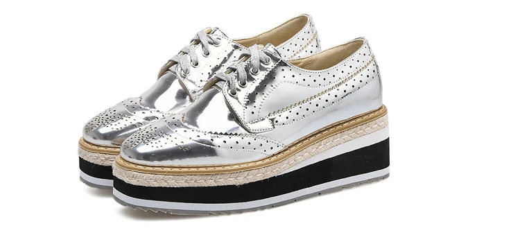 Women Platform Oxfords Brogue Flats Shoes Patent Leather Lace Up Square Toe Brand Female Footwear Shoes For Women Creepers Black (7)
