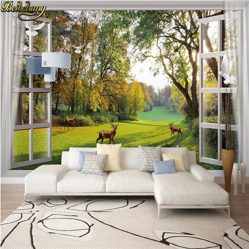 Impressão 3d Mural Wallpaper para Home Decor Custom Out Window Paisagem Florestal Extensão Espacial Personalidade Art
