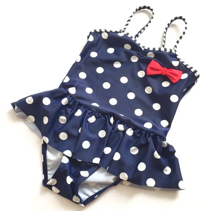Navy Blue Girls Swimsuit Cute Dot Bow one piece swimwear for Kids
