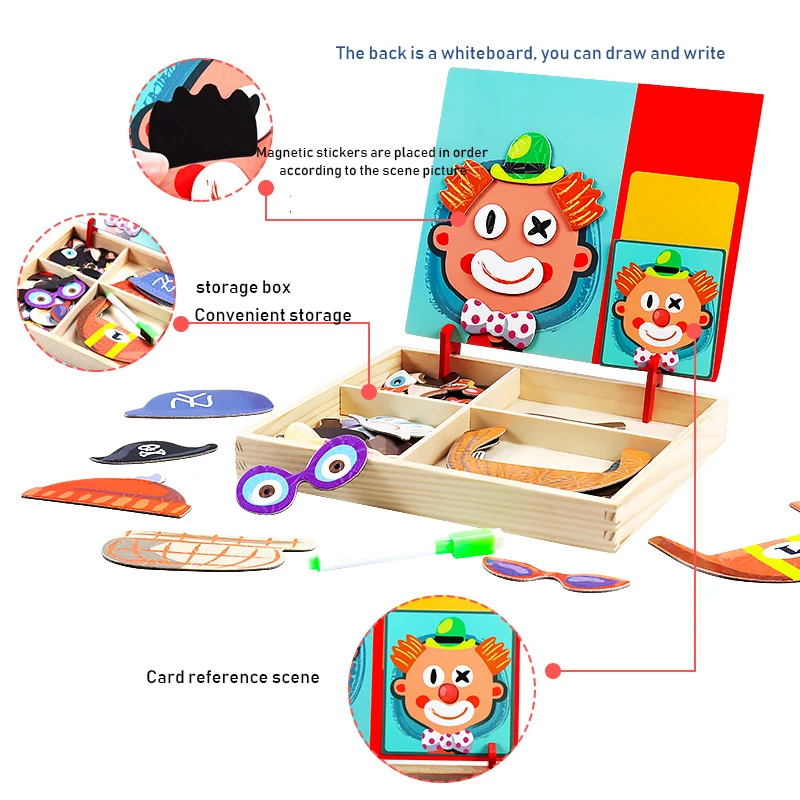 Деревянные детские развивающие игрушки Магнитные головоломки игровой набор мольберт Маркерная Доска Веселые многоразовые наклейки для детей Подарки