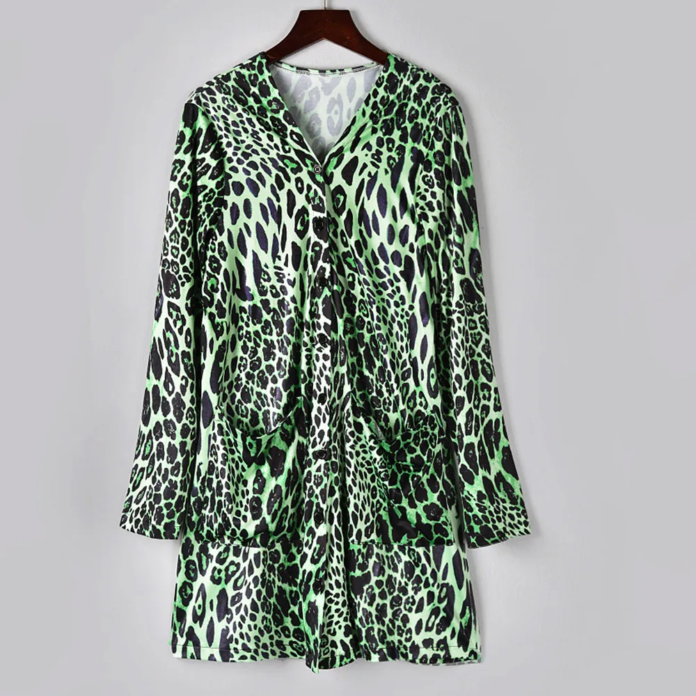 Женское пальто с леопардовым принтом, Модный Кардиган с длинным рукавом и отворотами, Женская лохматая блузка, топы, верхняя одежда# VE10257 - Цвет: Green