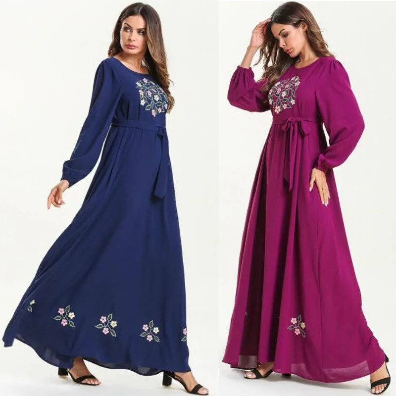 

Muslim Elegant Women's Maxi Dresses Ramadan Solid Floral Embroidery Long Dress Burgundy Casual Muslim Robes Blue Spring 2019 New