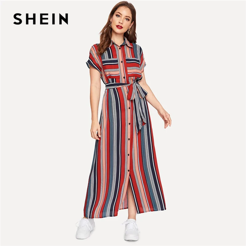 Платье рубашка Шеин с поясом в цветную полоску, женское платье рубашка с коротким рукавом и карманами на весну и лето 2019|Платья|   | АлиЭкспресс