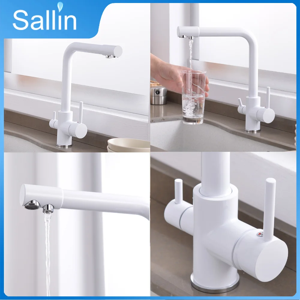 Solid Brass Beige White Kitchen Faucet Double Spout Drinking Water Filter Kitchen Faucet Tri-flow Tap for Kitchen Sink Faucet