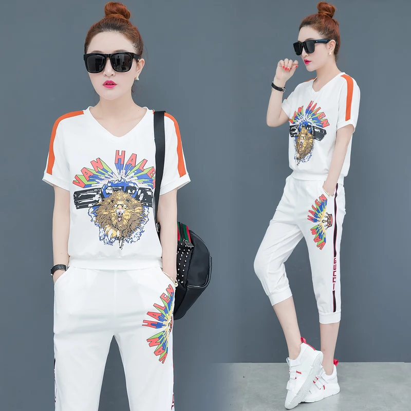 

White Tracksuits for Women Outfit Sportswear Co-ord Set 2 Piece Sets 2019 Top and Pant Suits Summer Plus Size Sets Suit Clothing