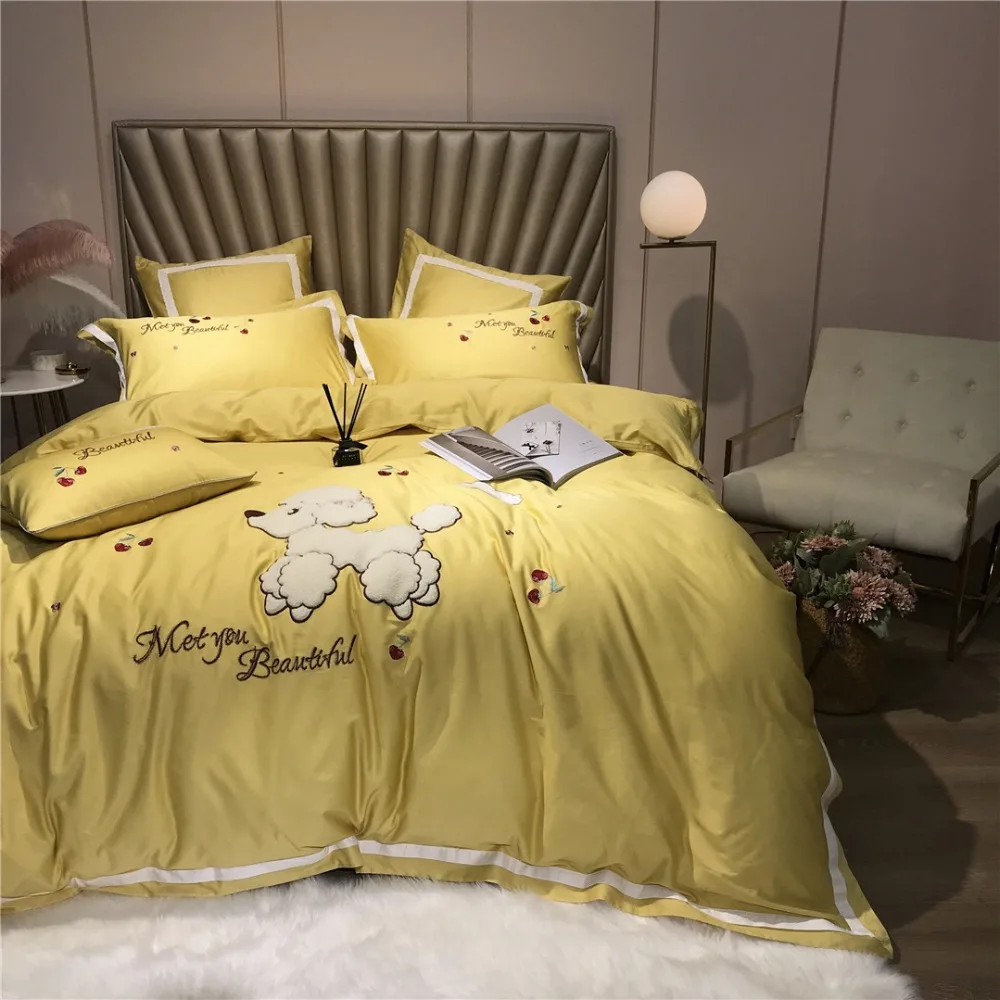 Lovely Dog 80s Egyptian Cotton Embroidered Bedding Sets Queen King