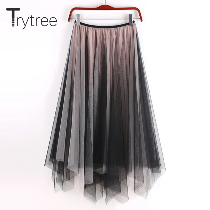 

Trytree Summer Autumn A-line Double layer Mesh Two-tone Women Skirt Patchwork Mid-Calf Ruffles Skirt Irregular Hem Female Skirts