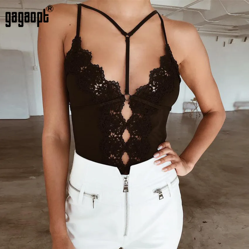 long sleeve bodysuit Gagaopt Lace Bodysuit Women Fashion Embroidery Bandage Bodysuit Black/White Halter Sexy Bodysuit Jumpsuit Overalls Streetwear white bodysuit