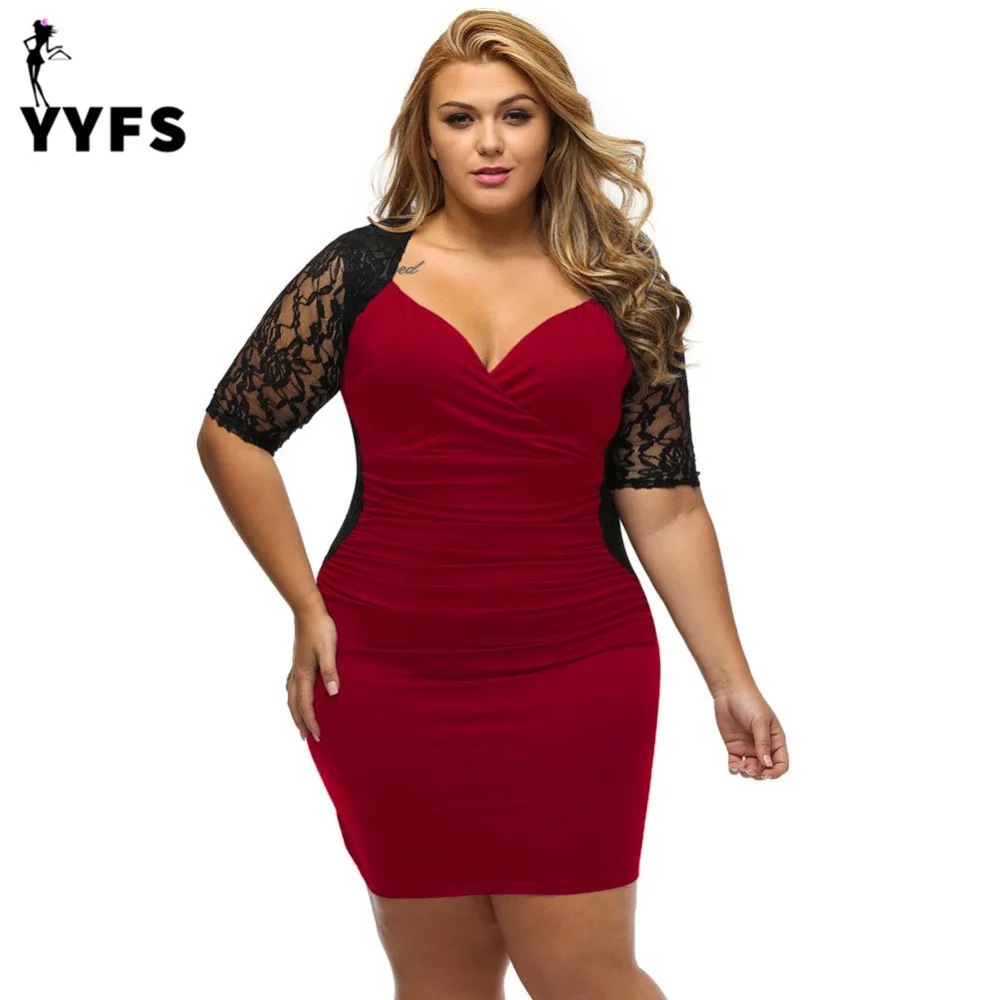 Большие размеры Bodycon платье Женский V шеи Половина рукава Кружева Тонкий Оболочка