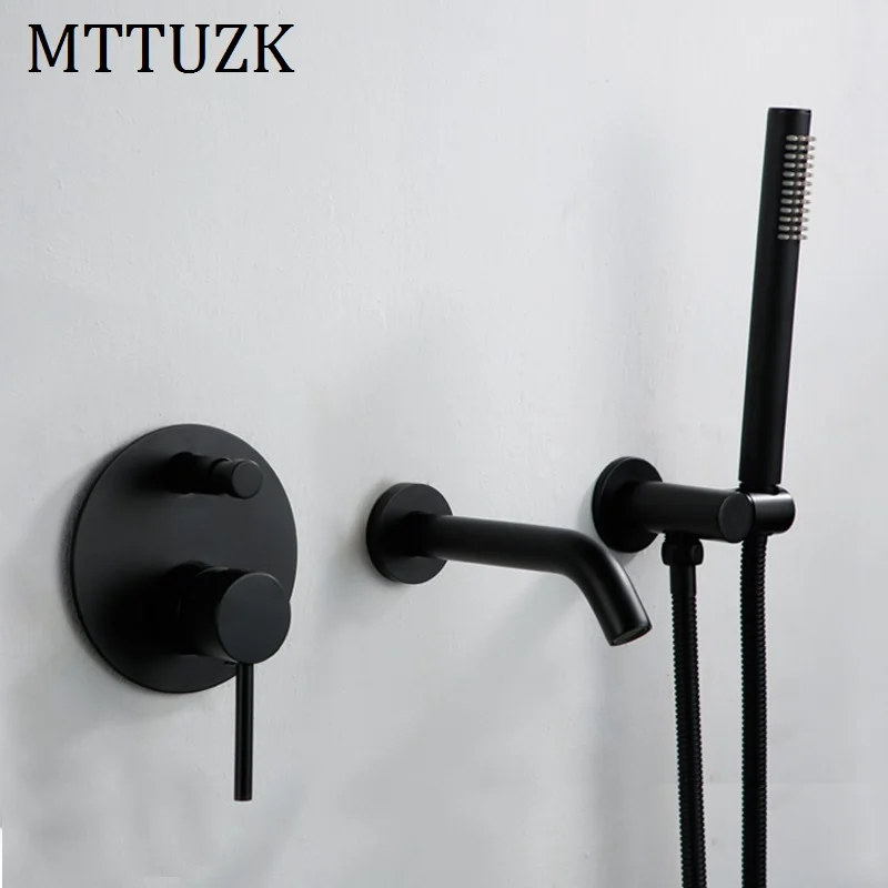 MTTUZK твердая латунь черная настенная Душевая Установка Для Ванны Набор матовый
