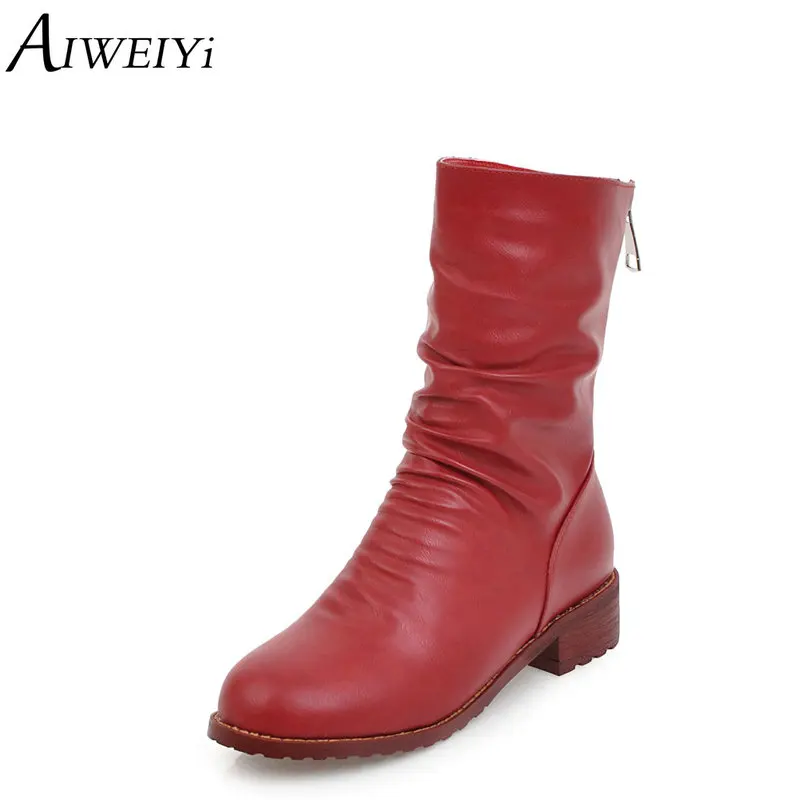 

AIWEIYi Ankle High Martin Boots for Women Round toe Square Heel Low Heels Shoes Short Plush Warm Winter Snow Boots Botas