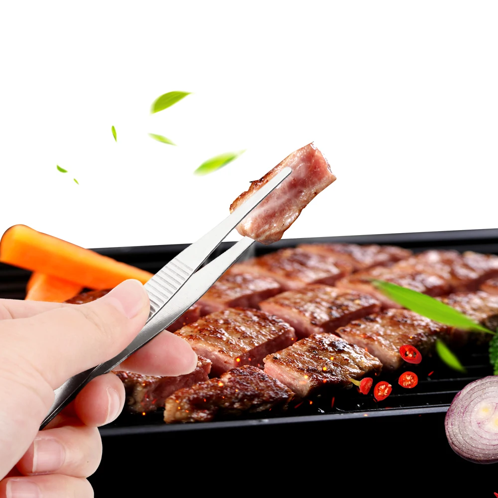 12.5CM Stainless Steel Toothed Tweezer Straight Tweezer Home Medical Garden Kitchen BBQ Tool Long Barbecue Food Tong tweezer tool barbecue tweezers