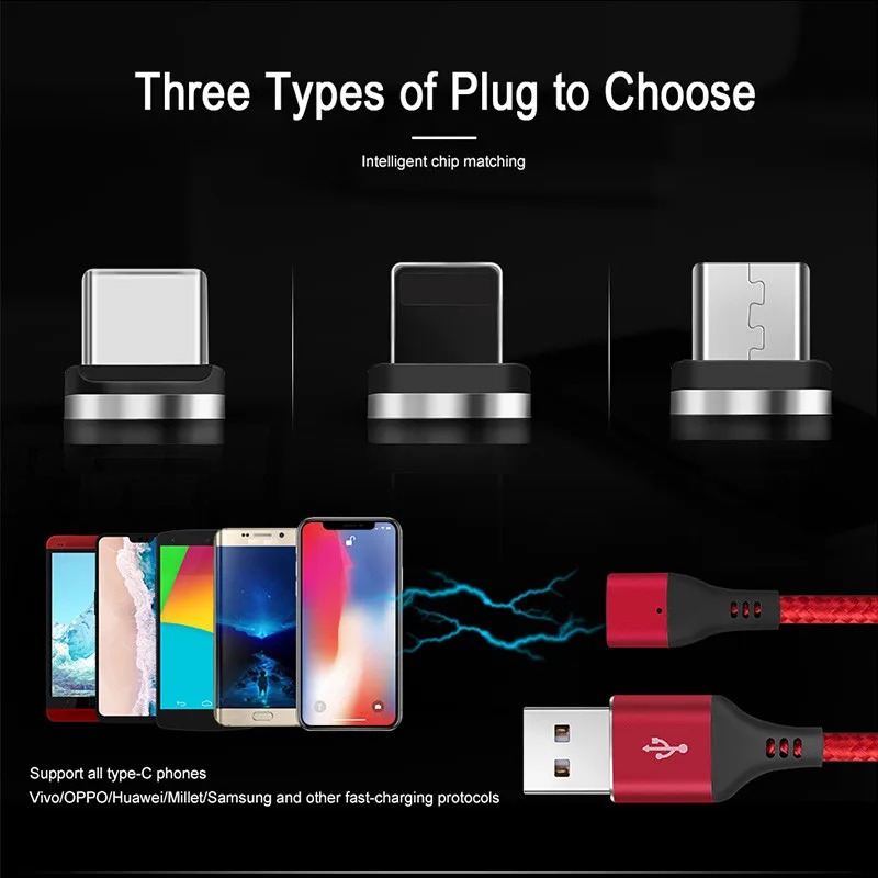 Магнитный usb-кабель 1 м 2 м, быстрая зарядка, USB type C, Micro Android, для samsung S10, зарядный кабель для iPhone 6, 6 S, 7, 8 Plus, XS MAX, XR
