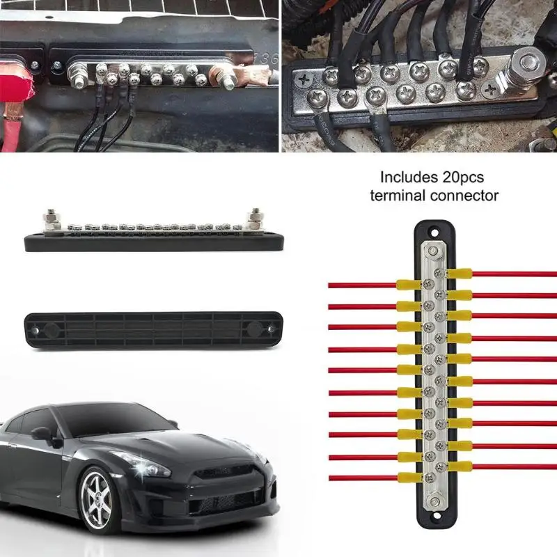 Черный+ серебристый 150Amp 20-Way шина 20 винтов+ 2 шпильки блок распределения питания с клеммами Луженая латунь шпилька материал 300 В AC