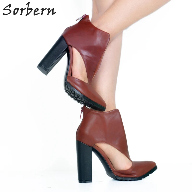 

Sorbern Brown Chunky Heels Lady Shoes Women Retro Style Think High Heels Pointed Toe Heels Back Zipper Cut Out Side Ladies Shoes