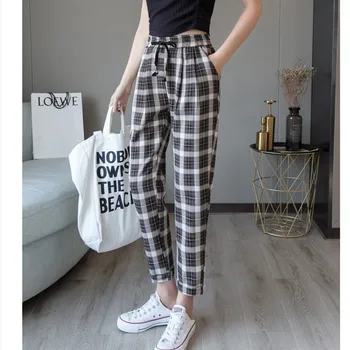 

JUJULAND woman harem pants elastic waist plus size plaid pattern casual pants 975