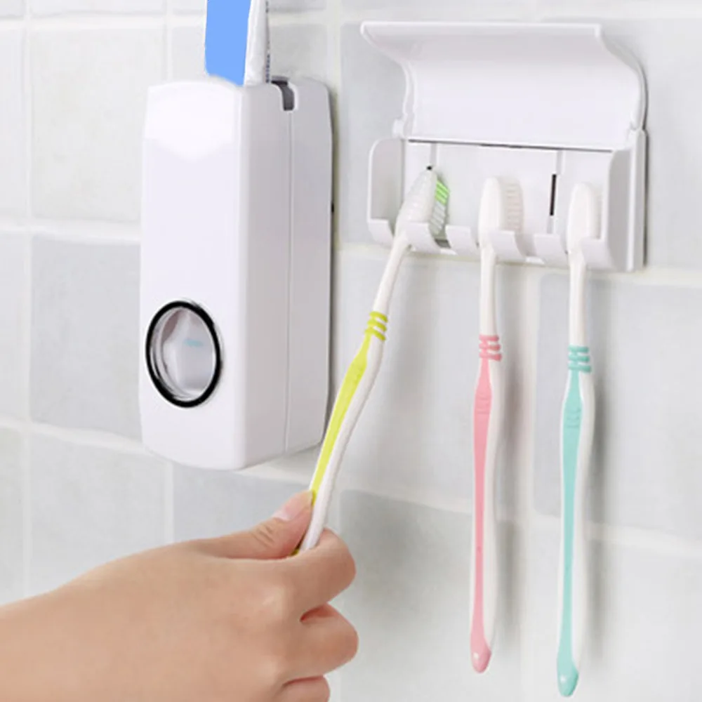 

Fashion Automatic Toothpaste Dispenser With Five Toothbrush Holder Stand Wall Mount Bathroom Toothbrush Family Sets Rack