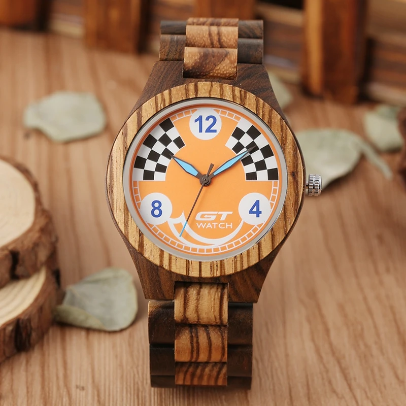 Men's Watches GT Watch Unique Black and white Plaid Pattern Quartz Full Wooden Watch Clock Male Casual Natural Wood Luxury Clock