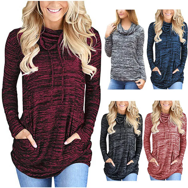 المرأة سيدة تي شيرت كامل المحملة طويل كم جولة طوق فضفاض الأزياء جيب ل الخريف NYZ متجر