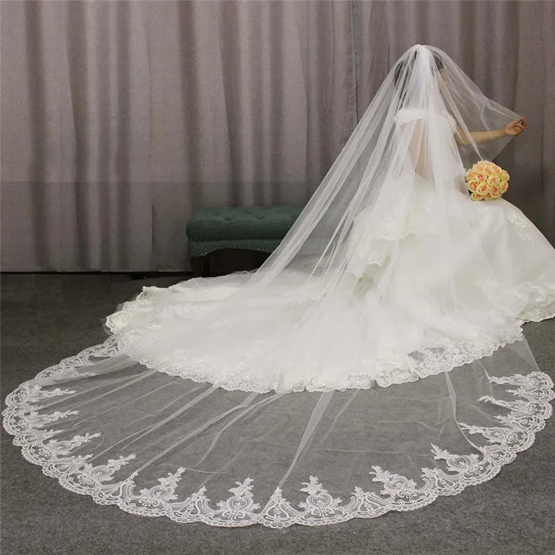 Passat 2Tiers 2M/3M Soft French Lace Cathedral Wedding Veils Heavily Embroidered Lace Long Bridal Veil With Comb 262 
