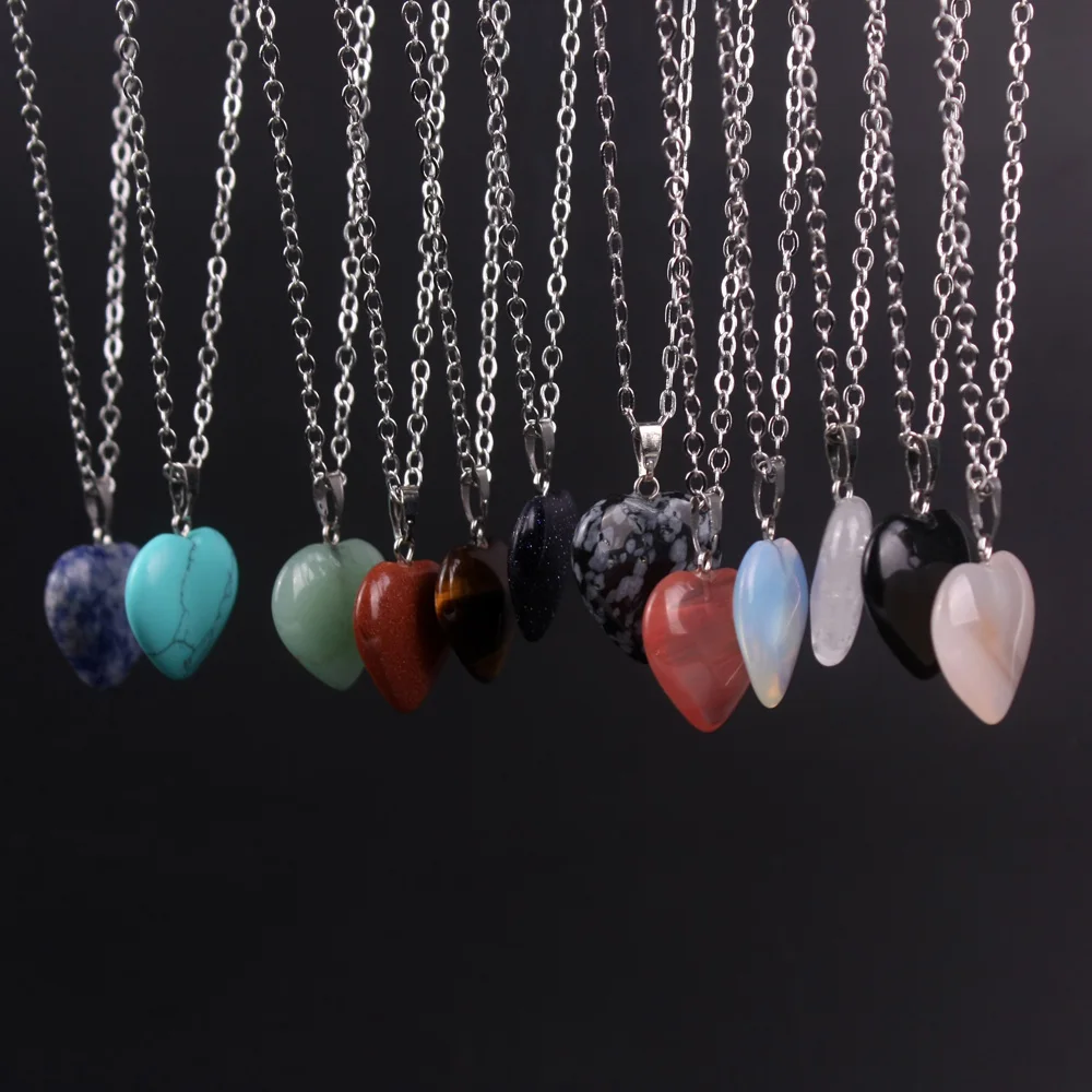 

2017 Girl Fahion Women's 20mm Natural Aventurine Onyx Tiger's Eye Opal Stone Heart-shaped Pendants Necklace