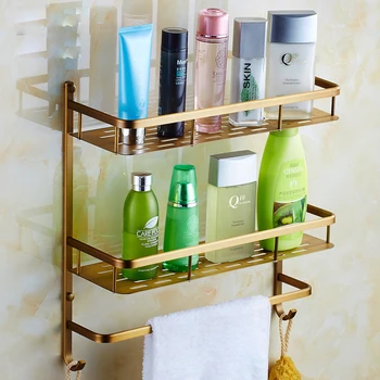 

Antique Brass Double Tier Bathroom Shelves Wall Mounted Bath Storage Holder with Towel Bar Hooks