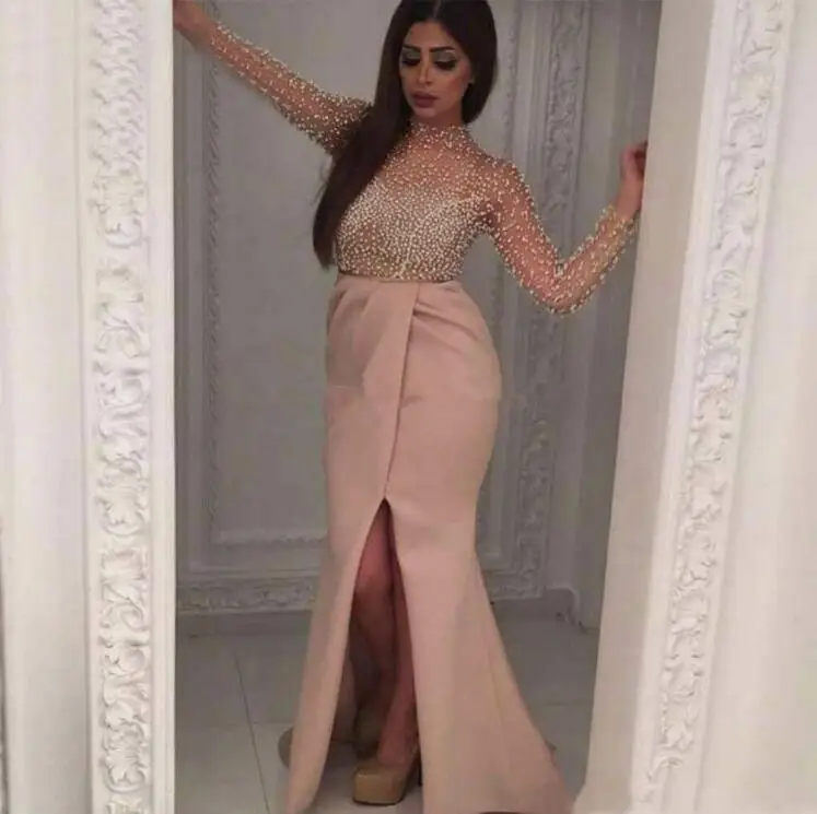 Luxury Pearls Mermaid Evening Dresses Long Sleeves High Neck Pleated Sexy Slits Party Wear 2017 Real Image