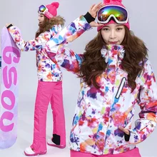 Женский горнолыжный костюм с меховым капюшоном, куртка и штаны, Водонепроницаемая дышащая женская куртка для сноубординга и брюки, походная куртка