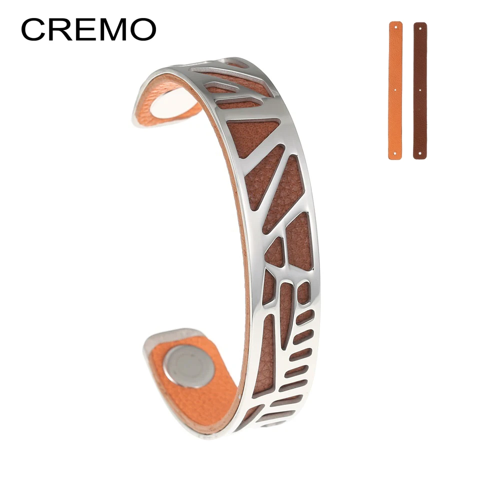 

Cremo Palm Cuff Bracelets 14mm Wide Bangles Cham Leather Reversible Bijoux Femme Stainless Steel Pulseras