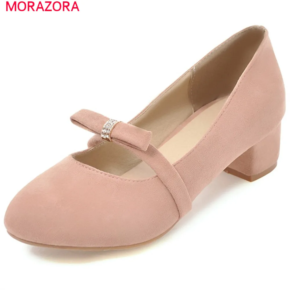 

MORAZORA 2020 round toe sweet ladies pumps with butterfly knot slip on shallow flock casual pink color female shoes