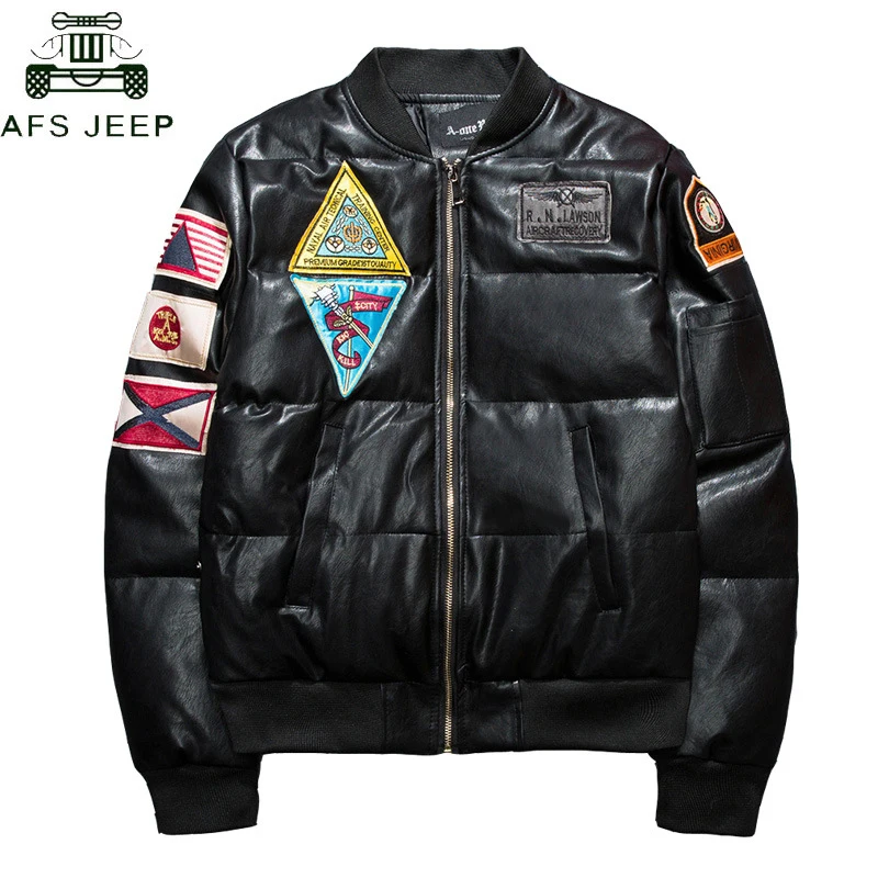 

Brand Embroidery Leather Jackets Men Stand Collar Hip Hop Military MA-1 Pu Leather Jacket High Street Baseball Jacket Streetwear