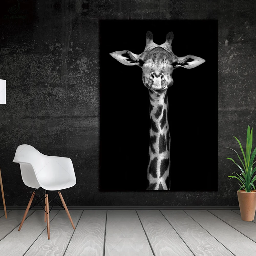 Modern Minimalist Black White Animal Giraffe Portrait Painting Wall Art Canvas Poster Living