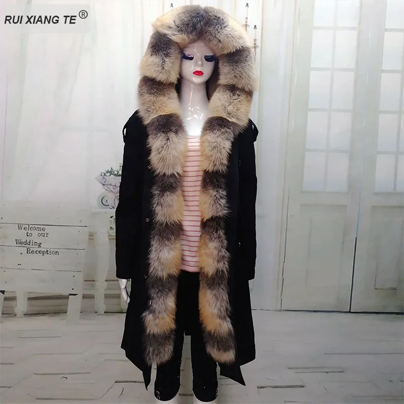 

New brand women real fur coat for winter natural fox fur parka with hood parka fur coat with fox collar coat lining rex rabbit