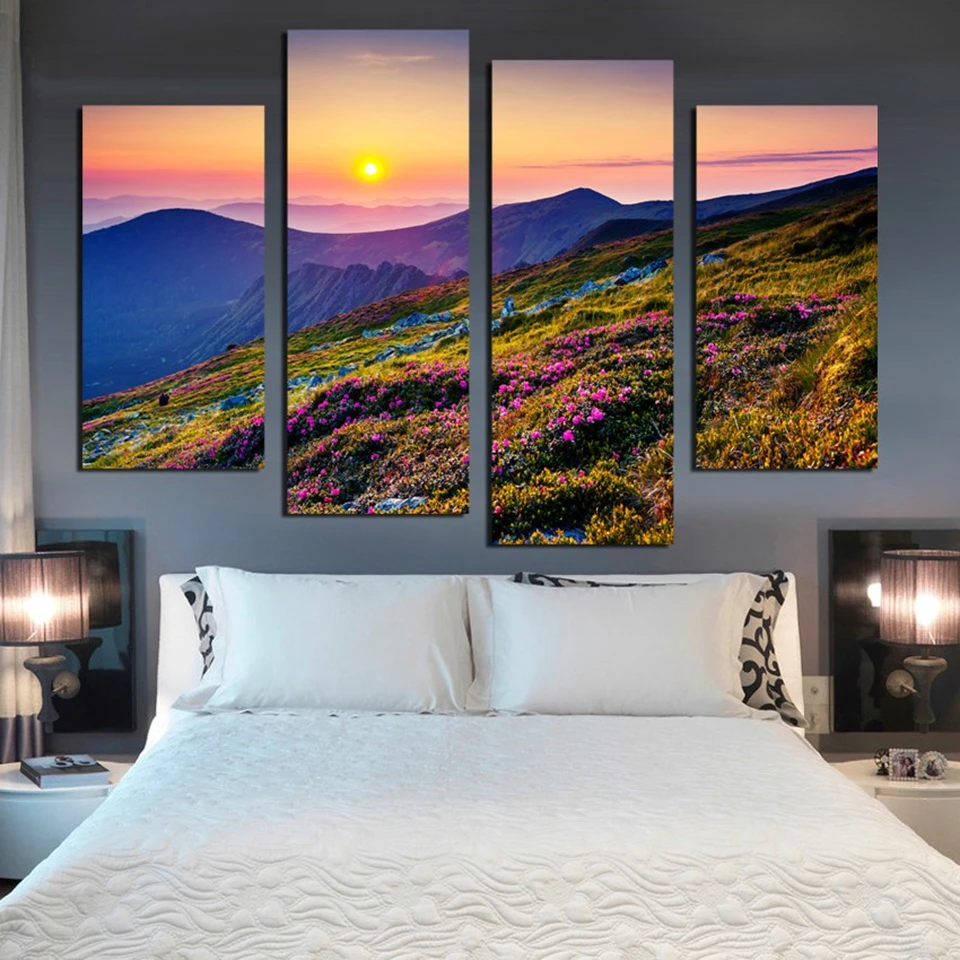 Modern HD Printed Wall Art Frame Canvas Pictures 4 Pieces Flowers