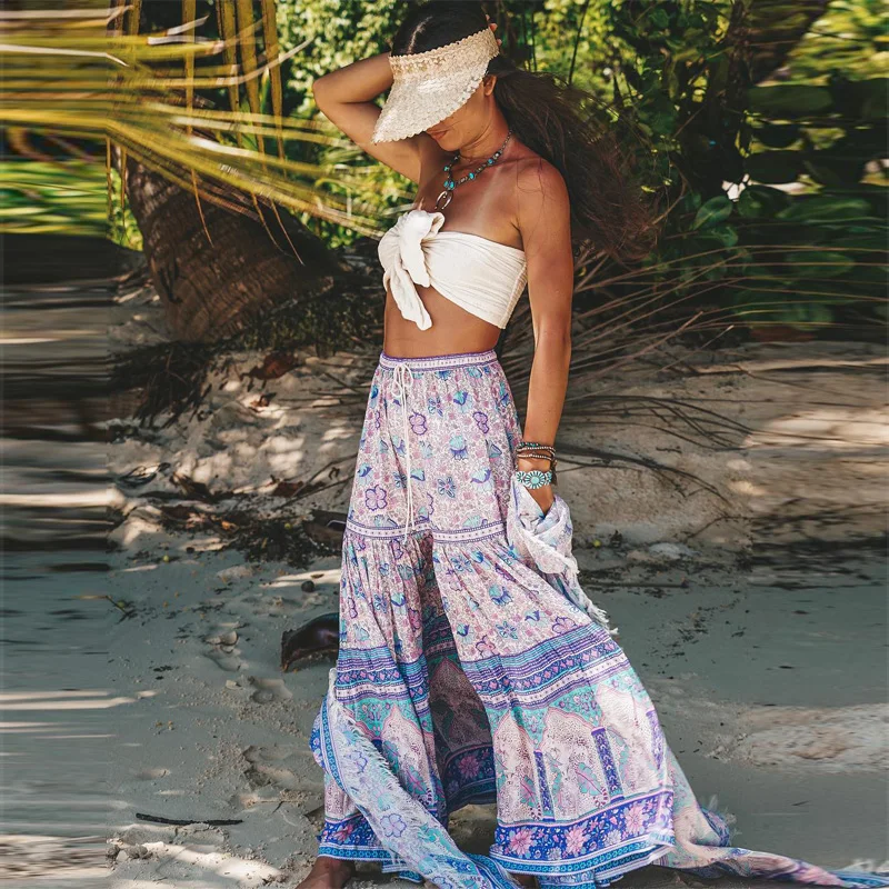 

Summer Skirts Boho Floral Cotton Women Skirts Copy Elastic Waist tie off Loose Long Beach Casual Chic Maxi skirt Foot mujer 2019