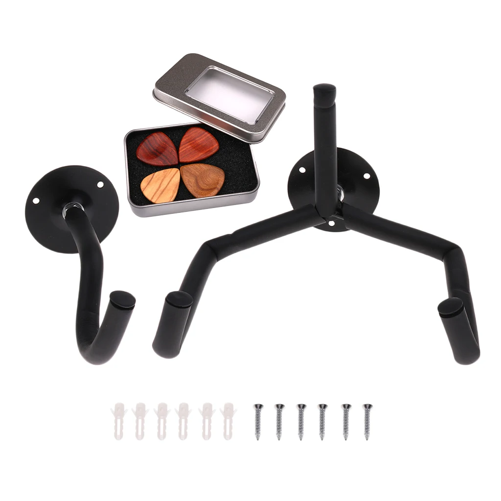 Tooyful 1 Set Metal Horizontal Guitar Wall Mount Holder Support Rack with 4pcs Wood Picks Plectrums