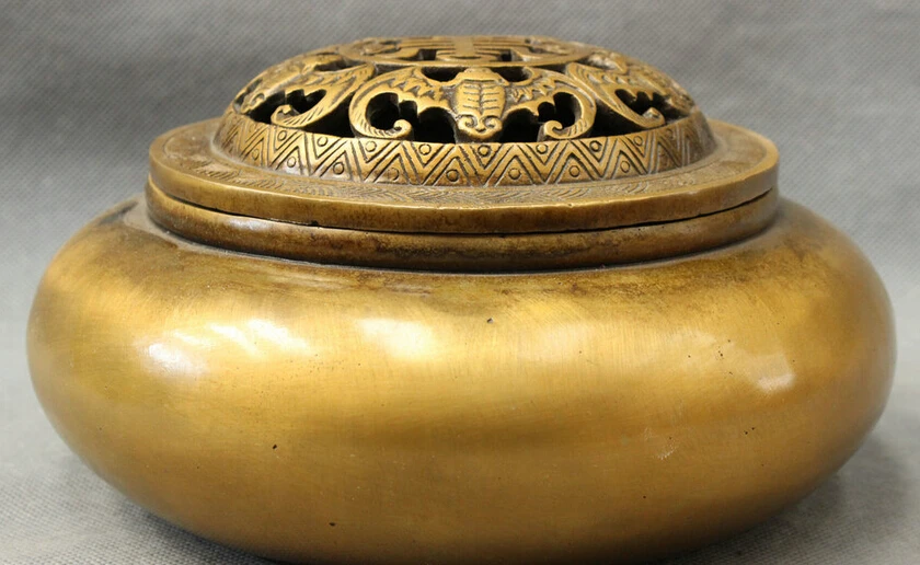 

song voge gem S4327 8" Chinese Bronze Buddhism Shou Longevity Statue Round Box Incense Burner Censer