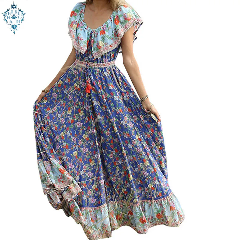 

Ameision Summer Boho Vintage Floral Print Sashes Pleated Dress Women 2019 New Fashion Short Sleeve Long Dresses Vestidos
