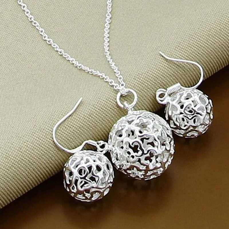 

2016 Hot Hollow Ball Set Fashion 925 stamped silver plated Jewelry Necklaces Earrings bracelet 18inch Women lose money