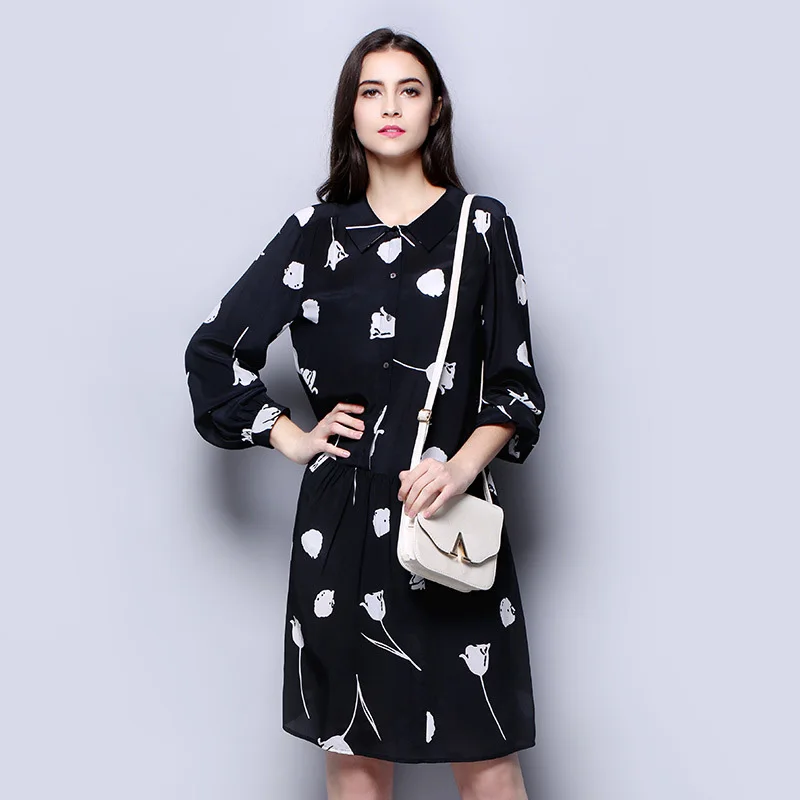 

100% Silk Crepe Dress Classic White and Black Versions Fashion Women Spring Dress Flower Pattern